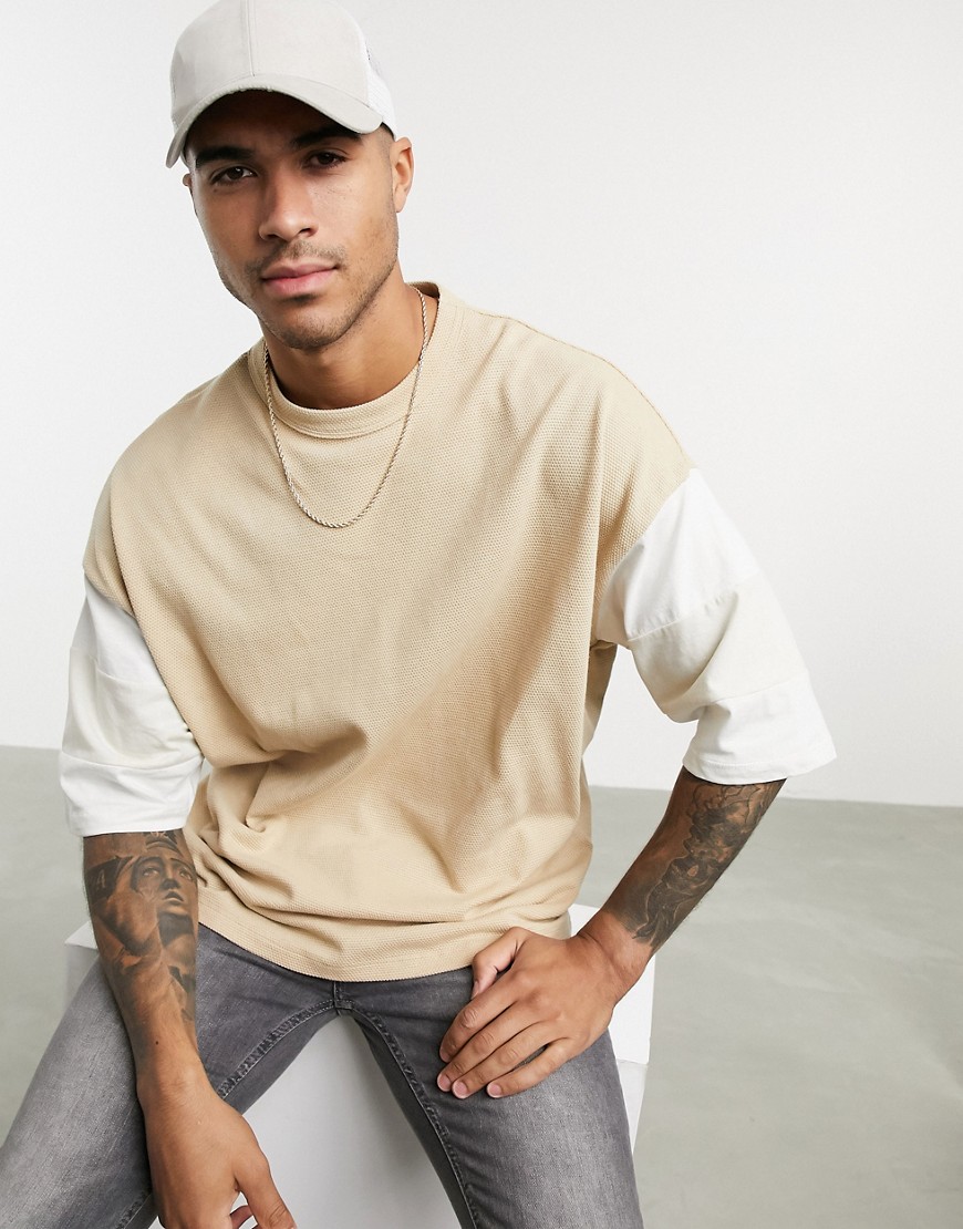 ASOS DESIGN oversized t-shirt with half sleeve in beige textured fabric ...
