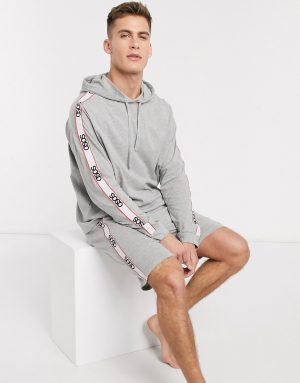 ASOS DESIGN pyjama short and oversized hoodie set in gray marl with branded taping ASOS DESIGN pyjama short and oversized hoodie set in gray marl with branded taping