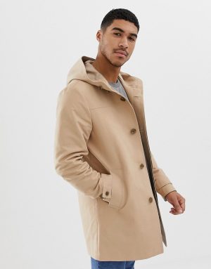 ASOS DESIGN shower resistant hooded trench coat in stone ASOS DESIGN shower resistant hooded trench coat in stone
