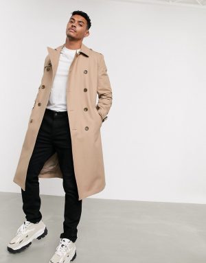 ASOS DESIGN shower resistant longline trench coat with belt in stone ASOS DESIGN shower resistant longline trench coat with belt in stone