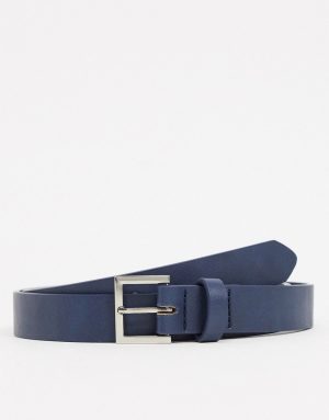 ASOS DESIGN skinny belt in navy faux leather with silver buckle ASOS DESIGN skinny belt in navy faux leather with silver buckle