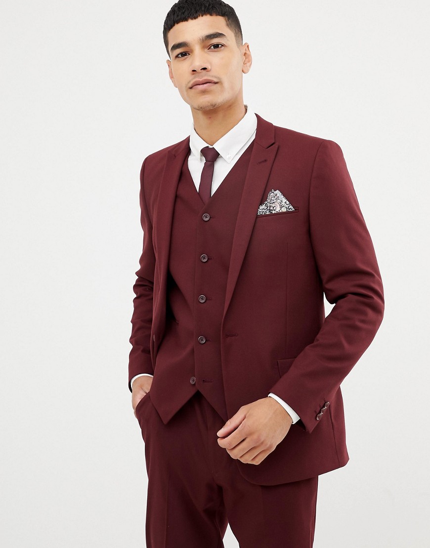 ASOS DESIGN skinny suit jacket in burgundy-Red | The Fashionisto