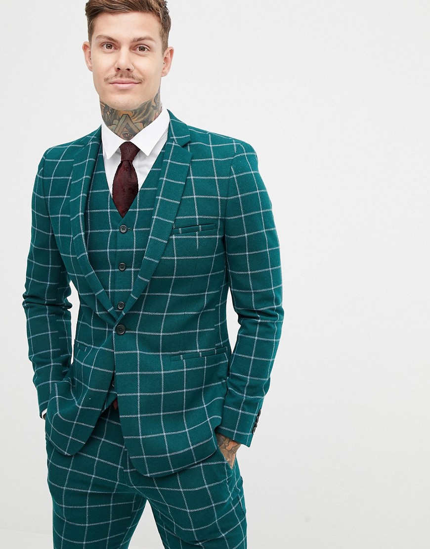 ASOS DESIGN skinny suit jacket in forest green windowpane check | The ...
