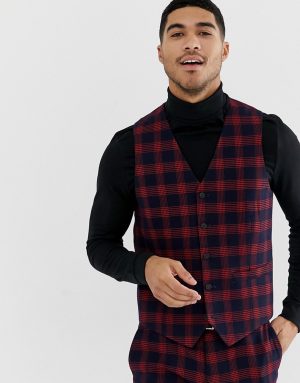 ASOS DESIGN skinny suit vest in check waffle texture-Navy ASOS DESIGN skinny suit vest in check waffle texture-Navy