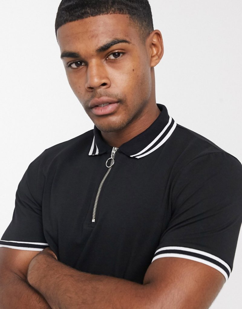 ASOS DESIGN skinny tipped polo shirt with zip-Black | The Fashionisto