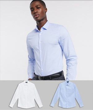 ASOS DESIGN slim fit work shirt 2 pack in white and blue-Multi ASOS DESIGN slim fit work shirt 2 pack in white and blue save-Multi