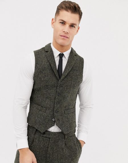 ASOS DESIGN slim suit vest in 100% wool Harris Tweed khaki micro check ...