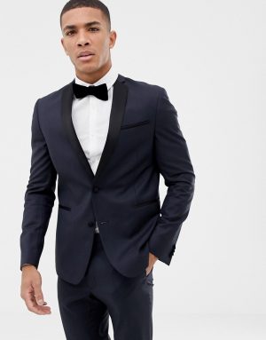 ASOS DESIGN slim tuxedo suit jacket in navy 100% wool ASOS DESIGN slim tuxedo suit jacket in navy 100% wool