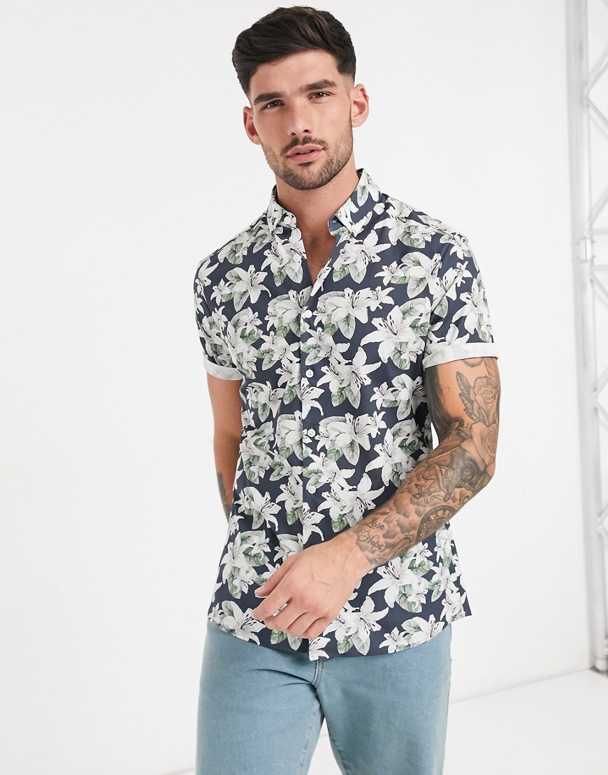 ASOS DESIGN stretch slim floral shirt in navy and white | The Fashionisto