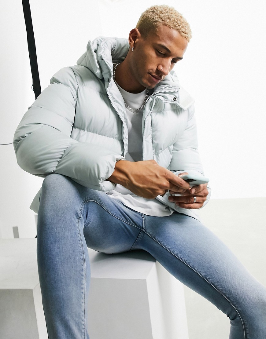 asos design sustainable puffer jacket in black with funnel neck