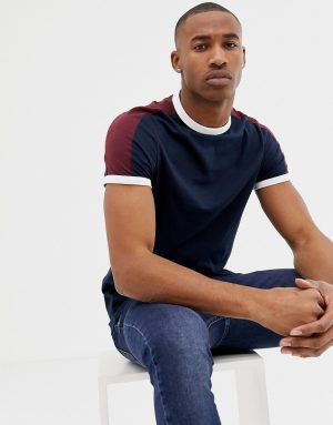 ASOS DESIGN t-shirt with contrast shoulder panel in navy ASOS DESIGN t-shirt with contrast shoulder panel in navy