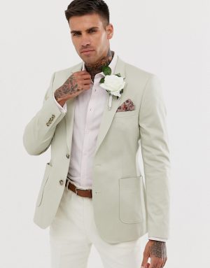 ASOS DESIGN wedding skinny blazer in stone cotton ASOS DESIGN wedding skinny blazer in stone cotton
