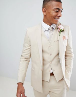 ASOS DESIGN wedding skinny suit jacket with square hem in stone ASOS DESIGN wedding skinny suit jacket with square hem in stone