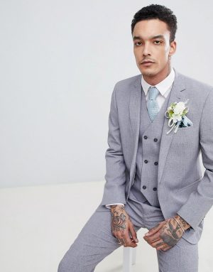 ASOS DESIGN wedding slim suit jacket in mid gray cross hatch with printed lining ASOS DESIGN wedding slim suit jacket in mid gray cross hatch with printed lining