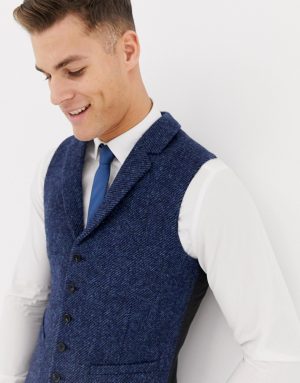 ASOS DESIGN wedding slim suit vest in 100% wool Harris Tweed in navy twill ASOS DESIGN wedding slim suit vest in 100% wool Harris Tweed in navy twill