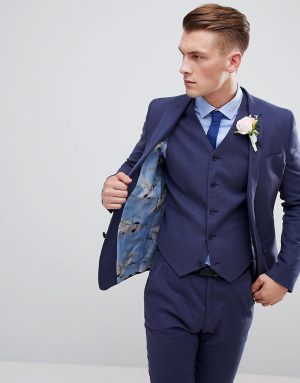 ASOS DESIGN wedding super skinny suit jacket in indigo linen-Navy ASOS DESIGN wedding super skinny suit jacket in indigo linen-Navy