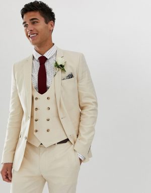 ASOS DESIGN wedding super skinny suit jacket in stone linen ASOS DESIGN wedding super skinny suit jacket in stone linen