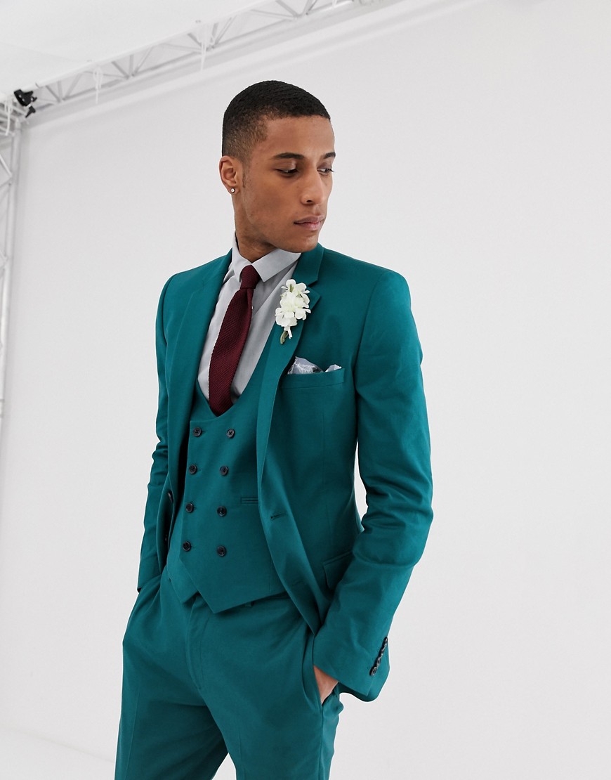 ASOS DESIGN wedding super skinny suit jacket in teal linen
