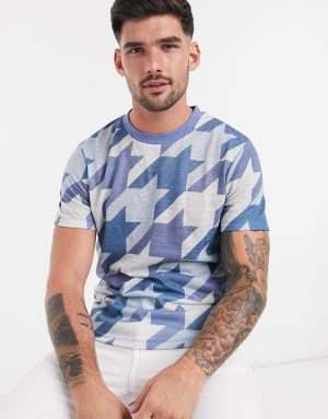 ASOS DESIGN zip neck t-shirt with all over dogstooth print in linen look-Multi ASOS DESIGN zip neck t-shirt with all over dogstooth print in linen look-Multi