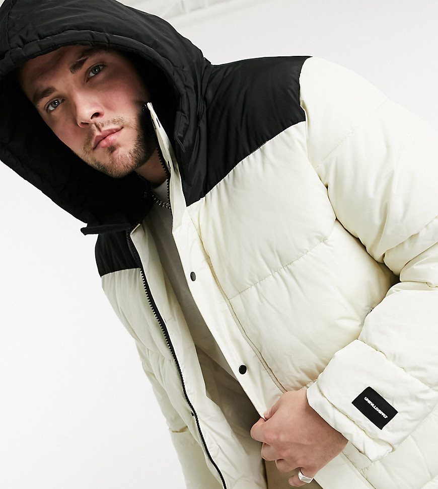 ASOS Plus Unrvlld Supply puffer jacket with color block panel in ecru ...