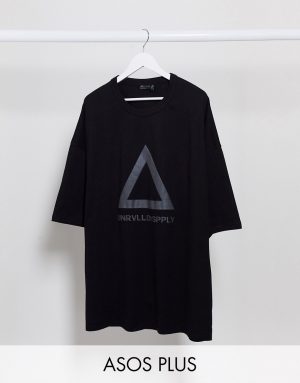 ASOS Unrvlld Supply Plus oversized longline t-shirt with reflective Logo in heavyweight jersey-Black ASOS Unrvlld Supply Plus oversized longline t-shirt with reflective Logo in heavyweight jersey-Black