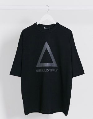 ASOS Unrvlld Supply oversized longline t-shirt with large reflective logo in heavyweight jersey-Black ASOS Unrvlld Supply oversized longline t-shirt with large reflective logo in heavyweight jersey-Black