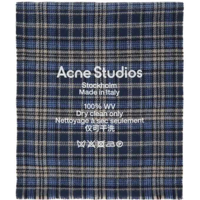 Acne Studios Blue Beige Checked Logo Scarf The Fashionisto