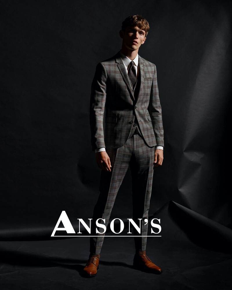 Model Christoffer Barsø suits up for Anson's fall-winter 2020 campaign.