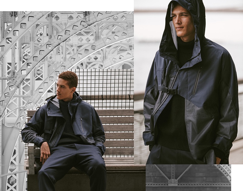 Making a modern style statement, Marco Pickett models a Y-3 Terrex parka in night grey. 