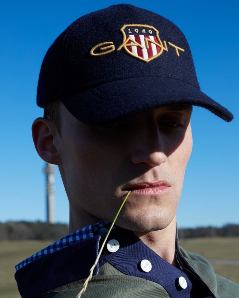 Charlie Westerberg sports an embroidered GANT cap for the brand's fall-winter 2020 campaign.