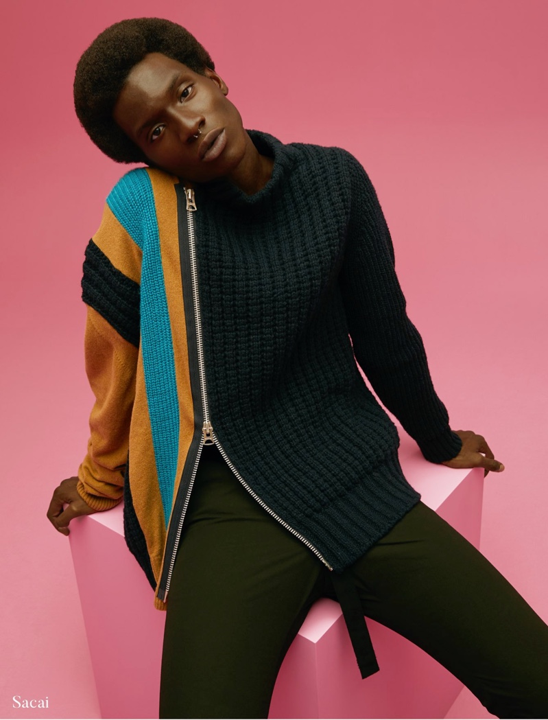 Adonis Bosso dons a knit sweater by Sacai for Holt Renfrew.