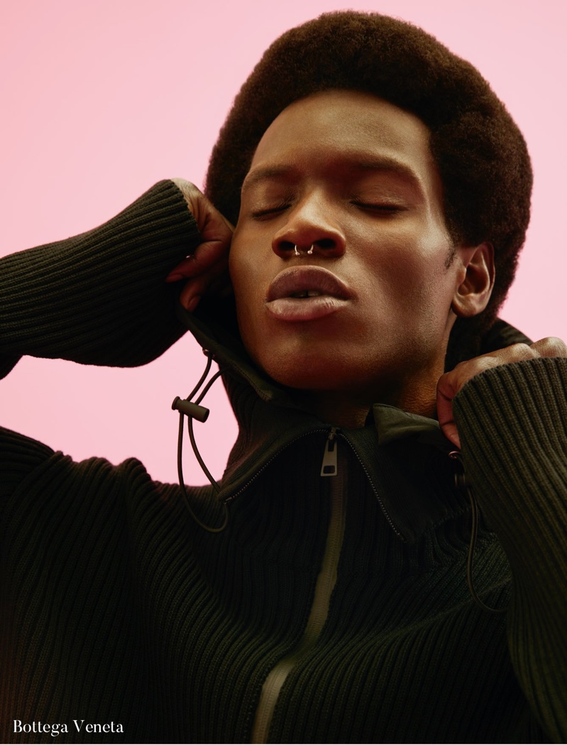 Connecting with Holt Renfrew for fall, Adonis Bosso dons a black Bottega Veneta knit.