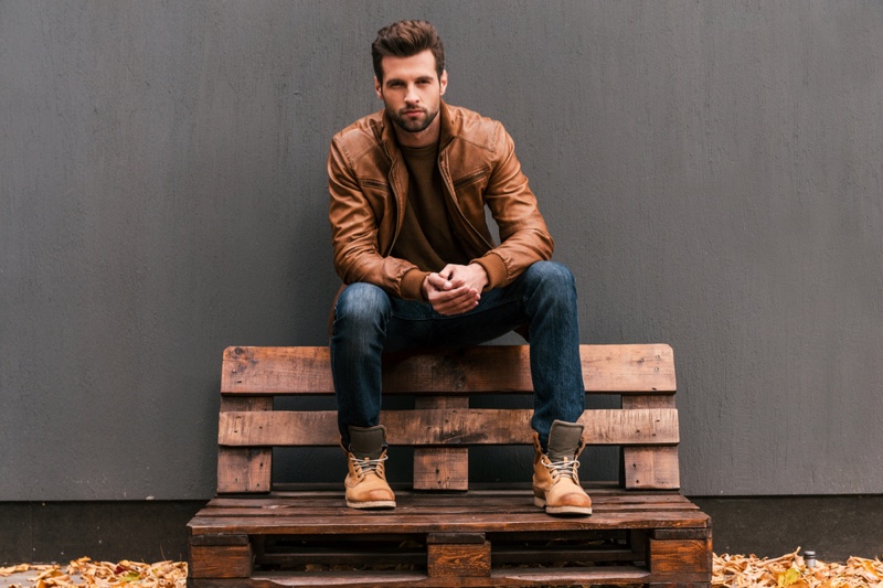 Male Model Brown Leather Jacket Jeans Boots Bench