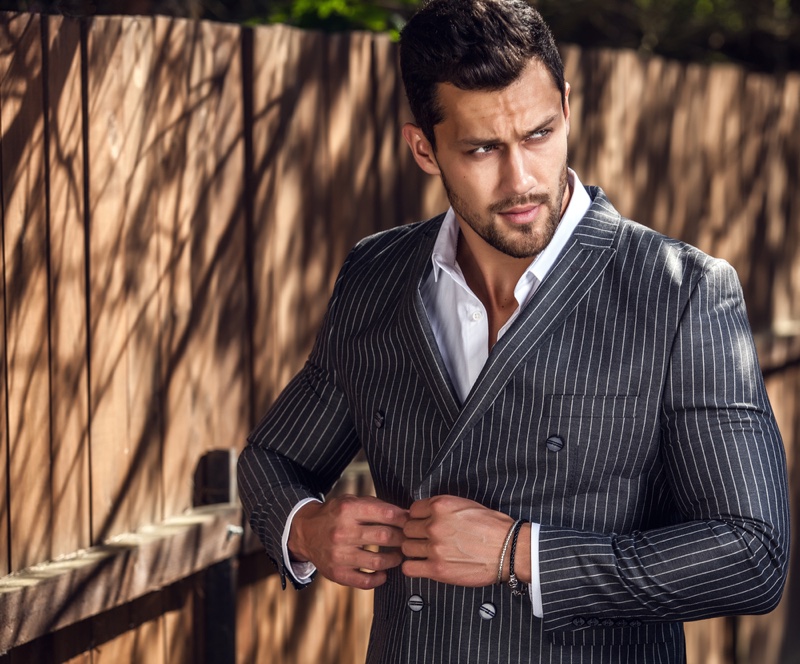 Male Model Tight Pinstripe Jacket Muscular Male Model Tight Pinstripe Jacket Muscular