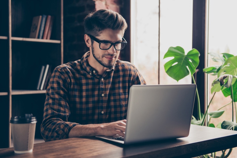 Man Glasses Laptop Plaid Shirt Attractive