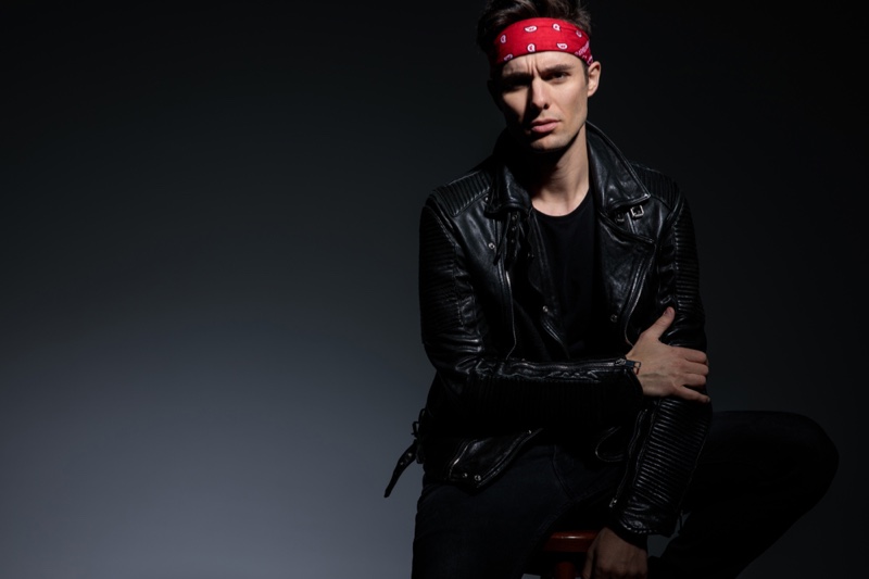 Man Leather Jacket Black Shirt Red Bandana Headband Outfit