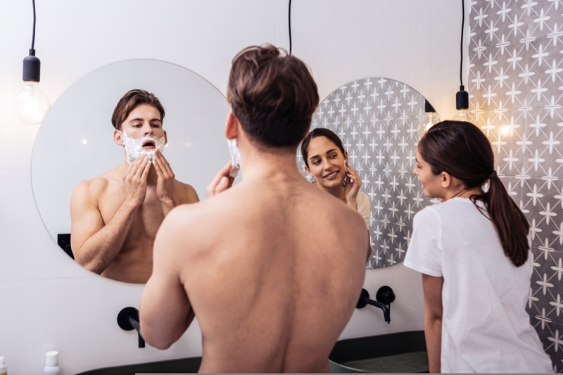 Man Woman Couple Bathroom Round Mirrors Getting Ready