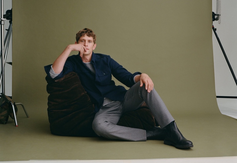 Taking to the studio, Mathias Lauridsen wears smart fall fashions from Mango.