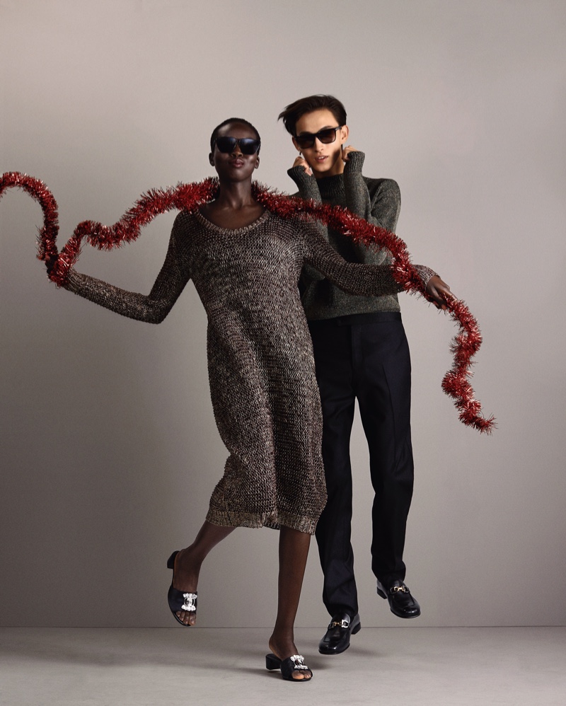 Ajok Madel and Simon Martyn appear in Salvatore Ferragamo's holiday 2020 campaign.