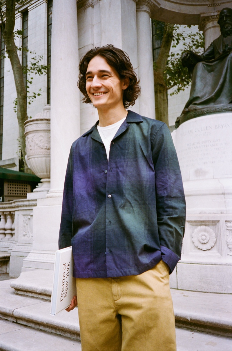 All smiles, Sebastião Hungerbühler models Saturdays New York City's Marco plaid shirt with a  tee and Ross chinos.