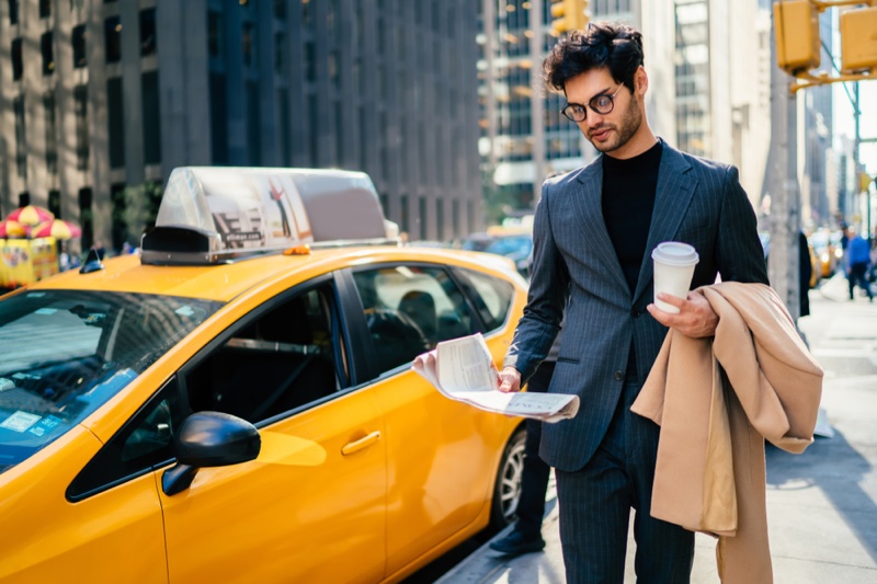 Stylish Businessman New York City Street Taxi Cab Suit Newspaper Coffee