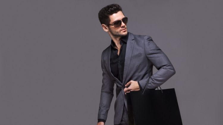 Stylish Male Model Suit Black Shopping Bag Luxury