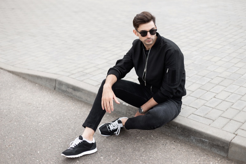 Stylish Man Black Jacket Dark Denim Sneakers