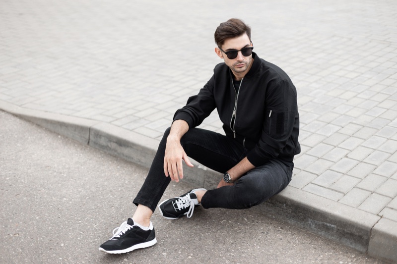 Stylish Man Black Jacket Dark Denim Sneakers Stylish Man Black Jacket Dark Denim Sneakers