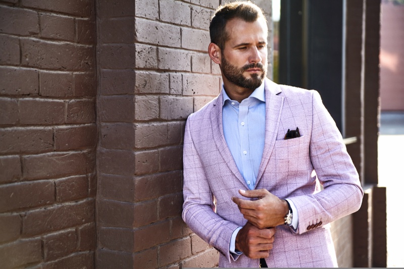 Well Dressed Model Pink Windowpane Blazer Street Brick Wall