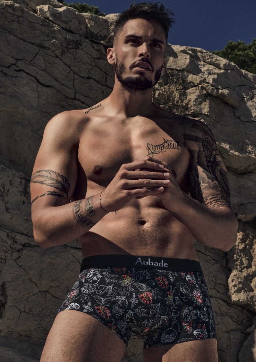 Baptiste Giabiconi models underwear from his spring-summer 2020 collaboration with Aubade Paris.