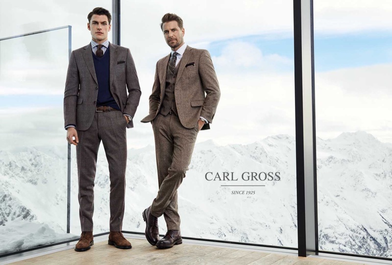 Models Filip Wolfe and Bertil Espegren sport sartorial looks from Carl Gross's fall-winter 2020 collection.