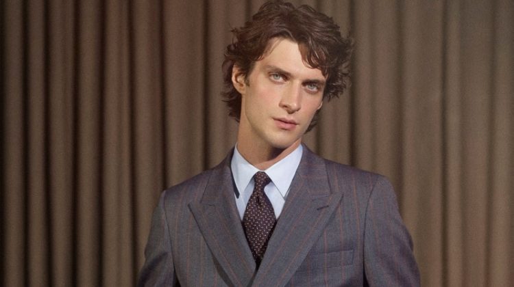 Donning a chic double-breasted suit, Matthew Bell fronts De Fursac's fall-winter 2020 campaign.