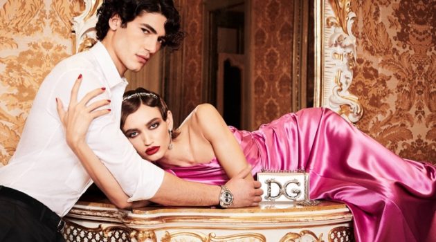 Models Davide Lenoci and Beatrice Brusco charm in exquisite holiday attire from Italian fashion house Dolce & Gabbana.