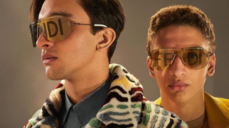 Models Noah and Jethro Sapon wears statement sunglasses from Fendi's fall-winter 2020 collection.